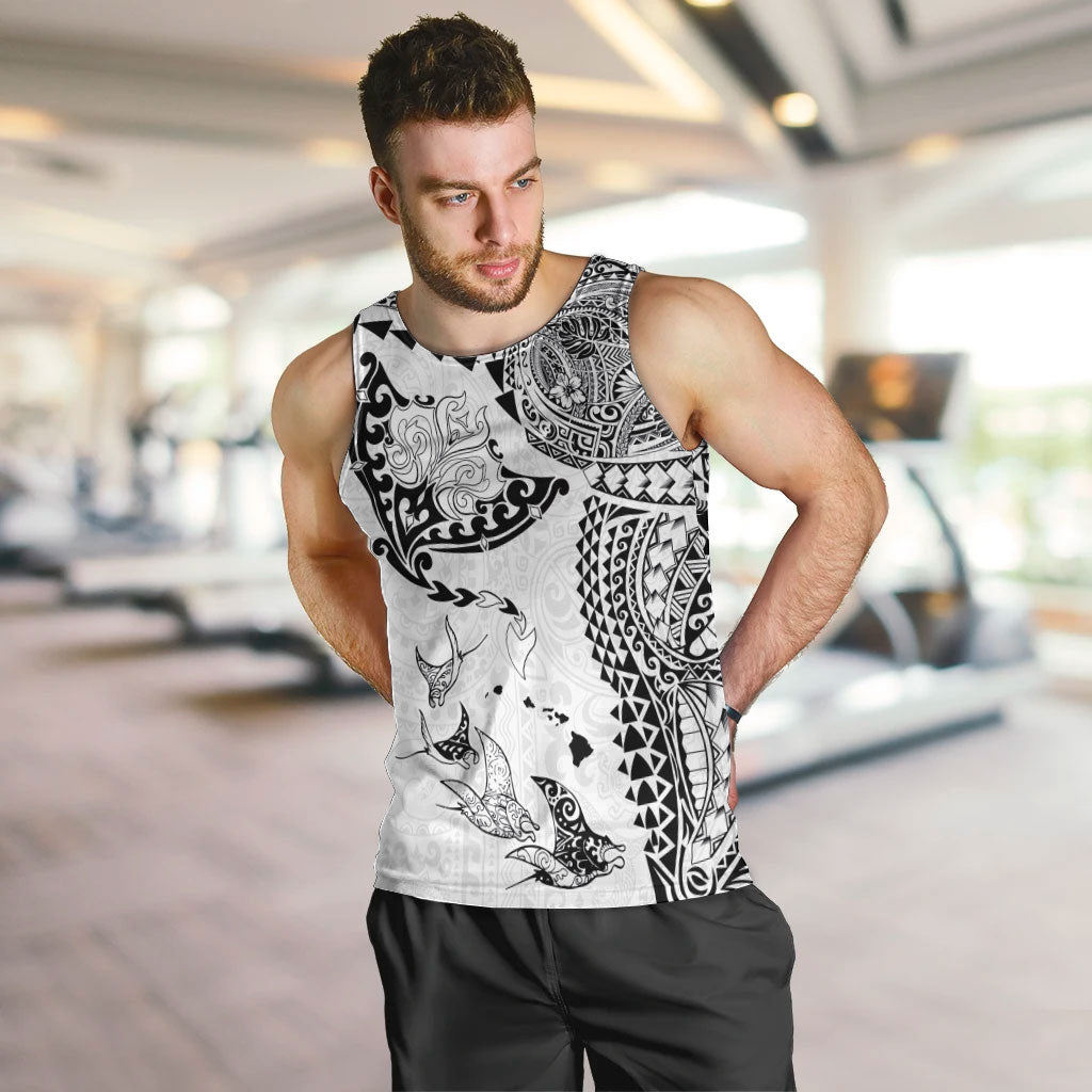 Hawaiian Manta Ray Tribal Men Tank Top Polynesian Art Motifs White Color