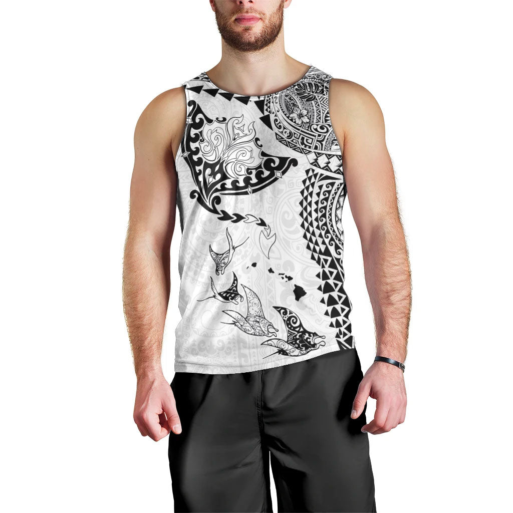 Hawaiian Manta Ray Tribal Men Tank Top Polynesian Art Motifs White Color