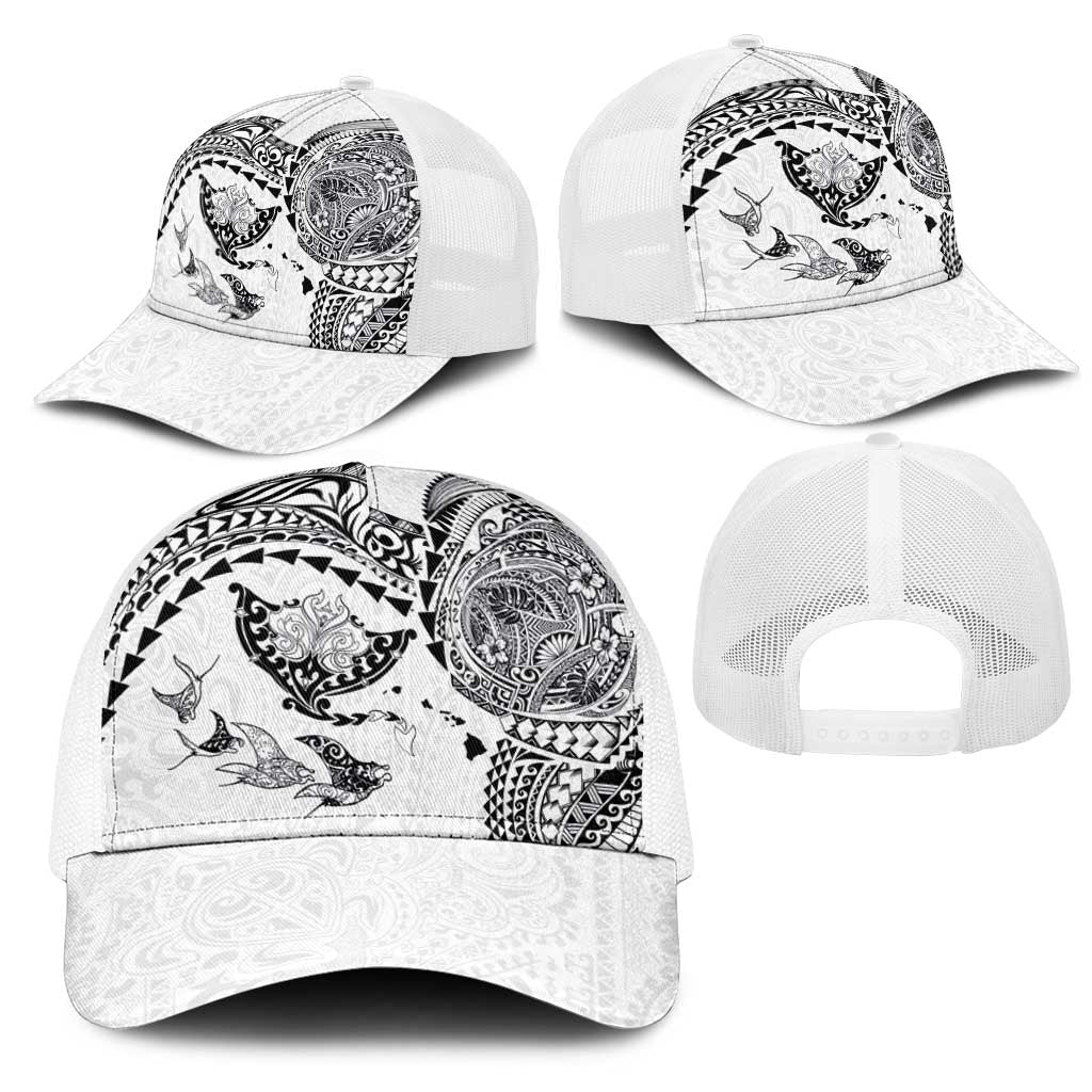 Hawaiian Manta Ray Tribal Mesh Trucker Cap Polynesian Art Motifs White Color