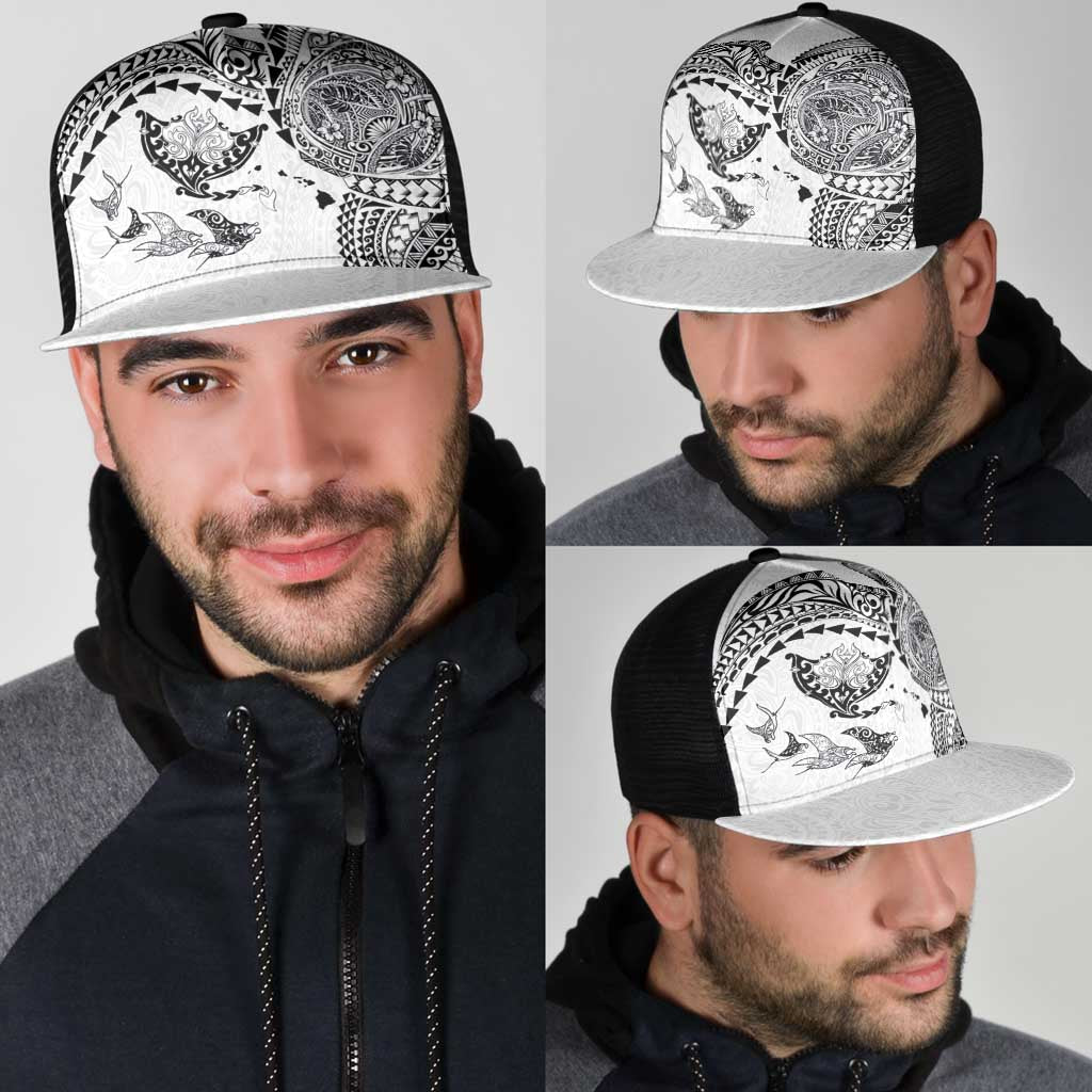 Hawaiian Manta Ray Tribal Mesh Trucker Cap Polynesian Art Motifs White Color