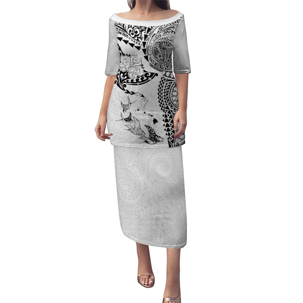 Hawaiian Manta Ray Tribal Puletasi Polynesian Art Motifs White Color