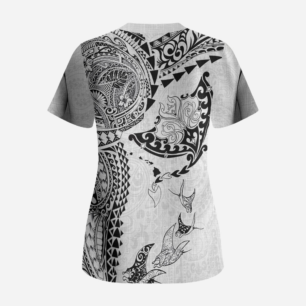 Hawaiian Manta Ray Tribal Scrub Top Polynesian Art Motifs White Color