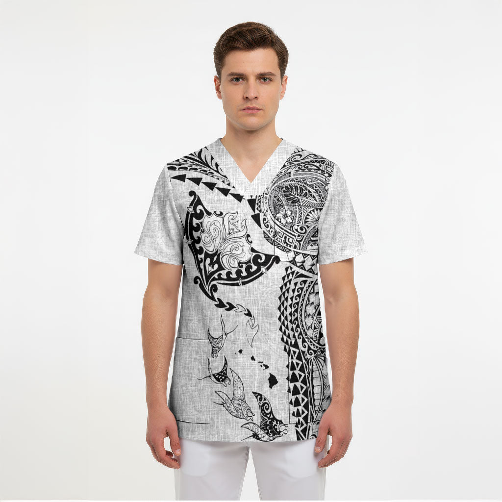 Hawaiian Manta Ray Tribal Scrub Top Polynesian Art Motifs White Color