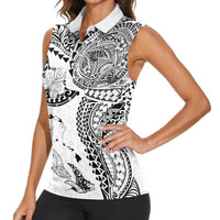 Hawaiian Manta Ray Tribal Women Sleeveless Polo Shirt Polynesian Art Motifs White Color LT03 - Polynesian Pride