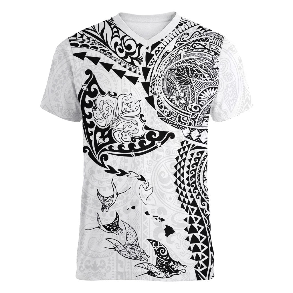 Hawaiian Manta Ray Tribal Women V-Neck T-Shirt Polynesian Art Motifs White Color