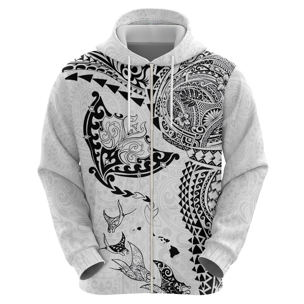 Hawaiian Manta Ray Tribal Zip Hoodie Polynesian Art Motifs White Color