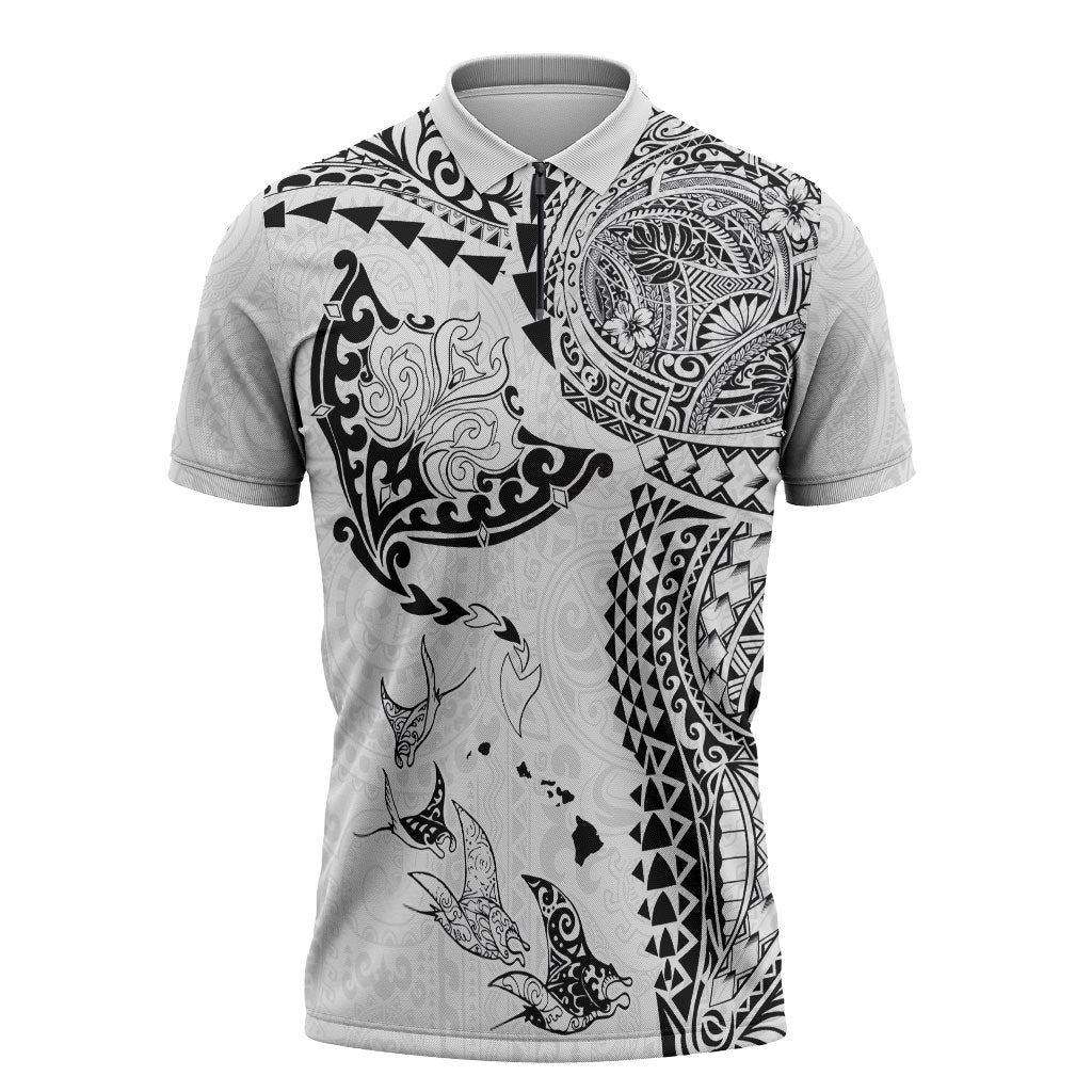 Hawaiian Manta Ray Tribal Zipper Polo Shirt Polynesian Art Motifs White Color
