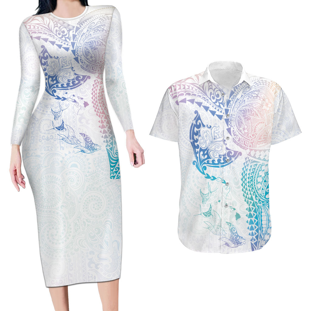 Hawaiian Manta Ray Tribal Couples Matching Long Sleeve Bodycon Dress and Hawaiian Shirt Polynesian Art Motifs Sweet Pastel