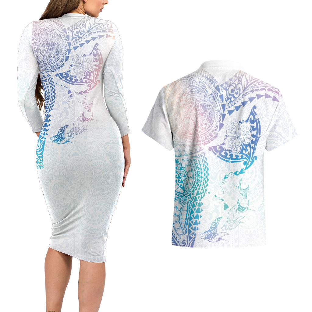 Hawaiian Manta Ray Tribal Couples Matching Long Sleeve Bodycon Dress and Hawaiian Shirt Polynesian Art Motifs Sweet Pastel LT03 - Polynesian Pride