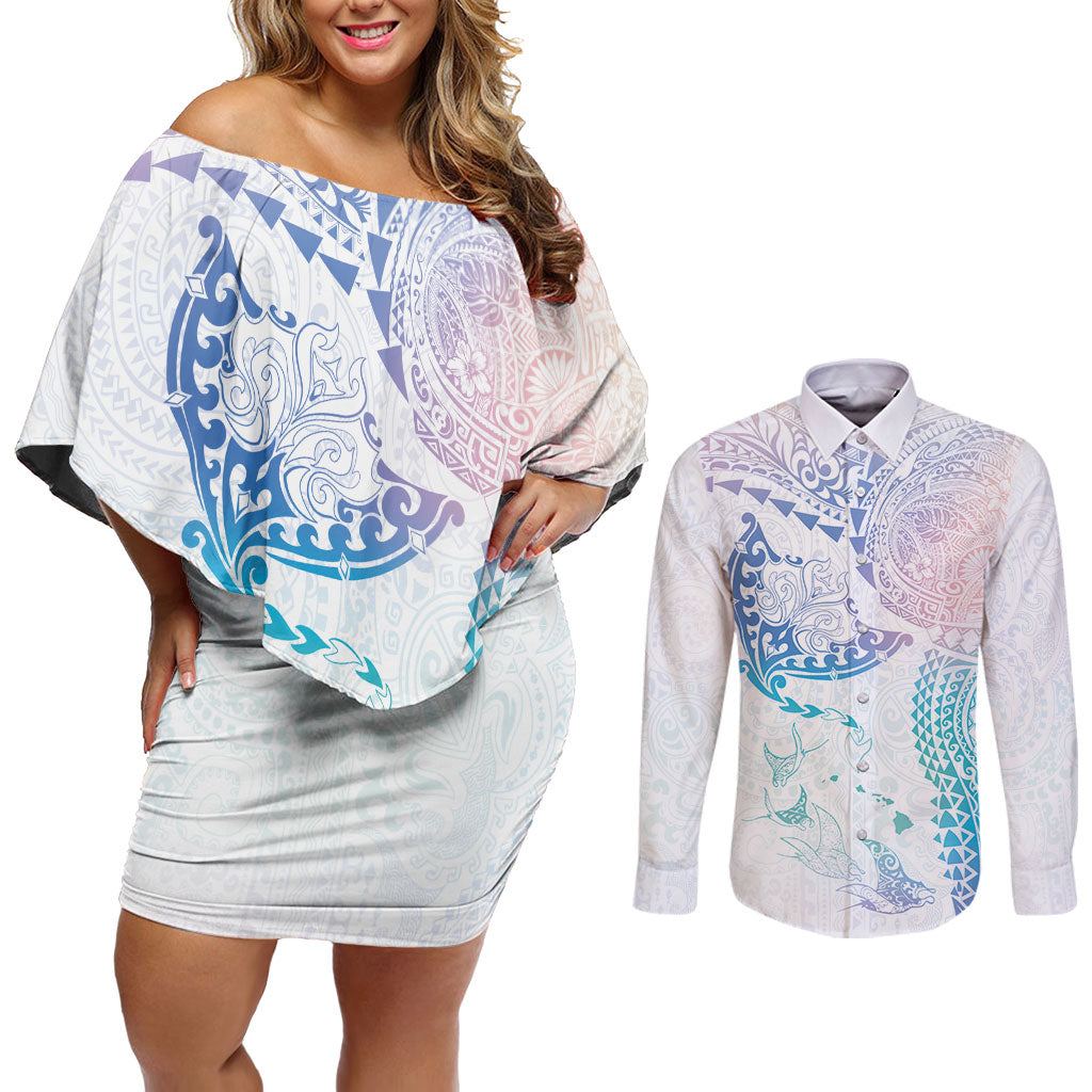 Hawaiian Manta Ray Tribal Couples Matching Off Shoulder Short Dress and Long Sleeve Button Shirt Polynesian Art Motifs Sweet Pastel LT03 Multicolor - Polynesian Pride