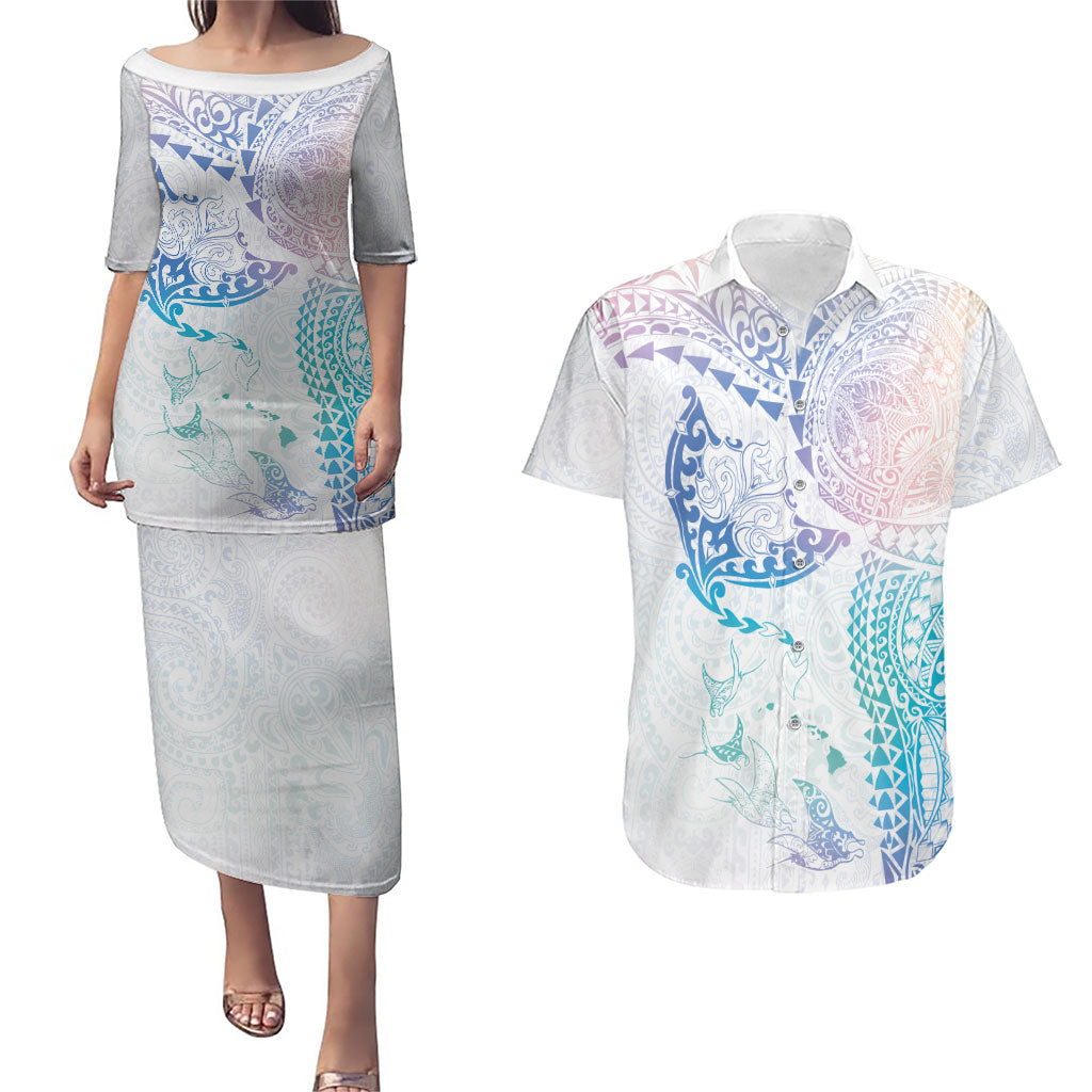 Hawaiian Manta Ray Tribal Couples Matching Puletasi and Hawaiian Shirt Polynesian Art Motifs Sweet Pastel LT03 Multicolor - Polynesian Pride