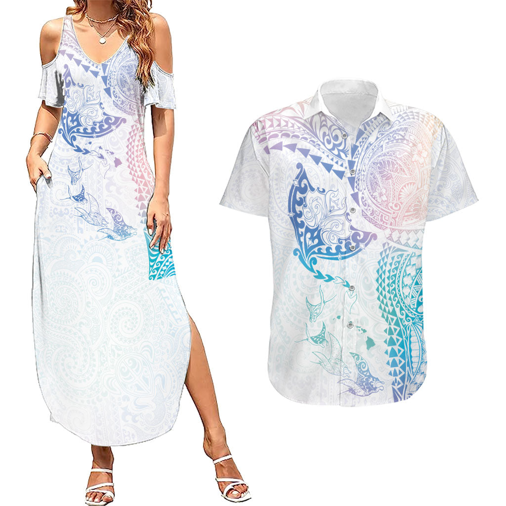Hawaiian Manta Ray Tribal Couples Matching Summer Maxi Dress and Hawaiian Shirt Polynesian Art Motifs Sweet Pastel LT03 Multicolor - Polynesian Pride