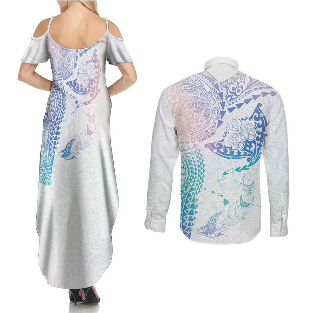 Hawaiian Manta Ray Tribal Couples Matching Summer Maxi Dress and Long Sleeve Button Shirt Polynesian Art Motifs Sweet Pastel LT03 - Polynesian Pride