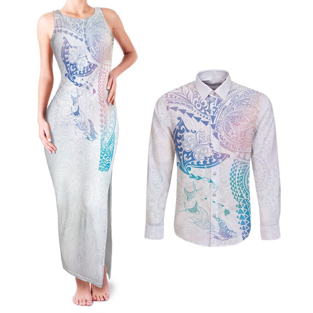 Hawaiian Manta Ray Tribal Couples Matching Tank Maxi Dress and Long Sleeve Button Shirt Polynesian Art Motifs Sweet Pastel LT03 Multicolor - Polynesian Pride
