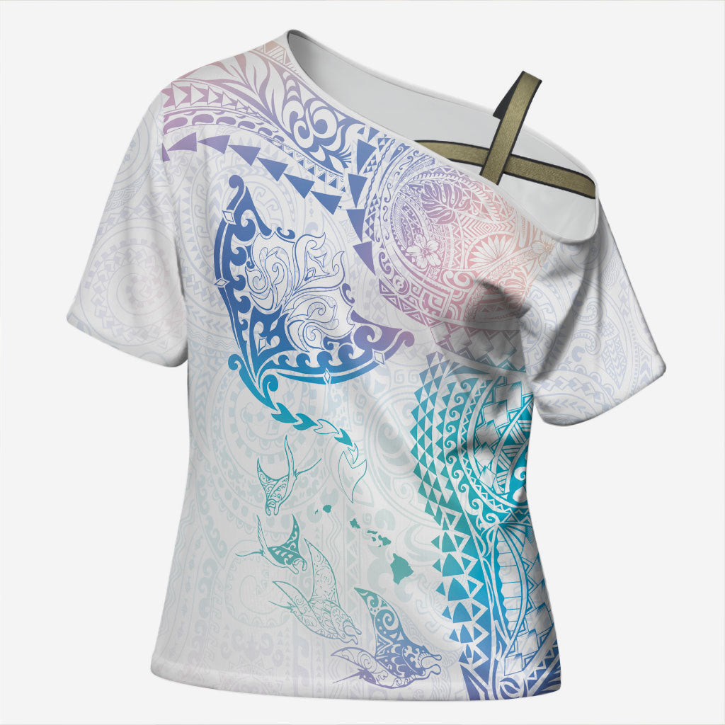 Hawaiian Manta Ray Tribal Cross Shoulder Shirt Polynesian Art Motifs Sweet Pastel