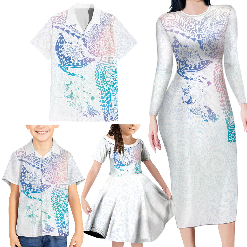 Hawaiian Manta Ray Tribal Family Matching Long Sleeve Bodycon Dress and Hawaiian Shirt Polynesian Art Motifs Sweet Pastel LT03 - Polynesian Pride