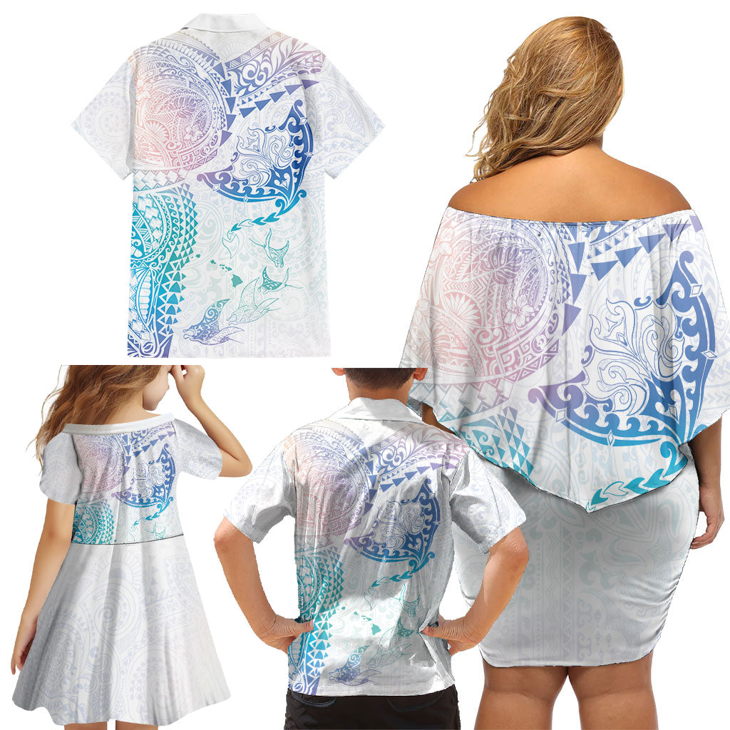 Hawaiian Manta Ray Tribal Family Matching Off Shoulder Short Dress and Hawaiian Shirt Polynesian Art Motifs Sweet Pastel LT03 - Polynesian Pride