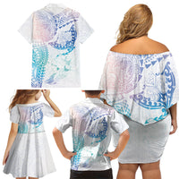 Hawaiian Manta Ray Tribal Family Matching Off Shoulder Short Dress and Hawaiian Shirt Polynesian Art Motifs Sweet Pastel LT03 - Polynesian Pride