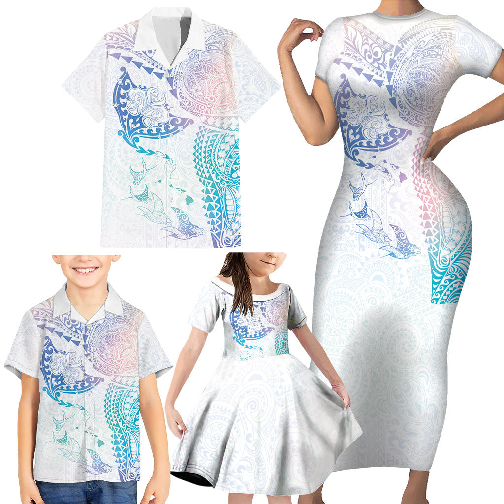 Hawaiian Manta Ray Tribal Family Matching Short Sleeve Bodycon Dress and Hawaiian Shirt Polynesian Art Motifs Sweet Pastel LT03 - Polynesian Pride