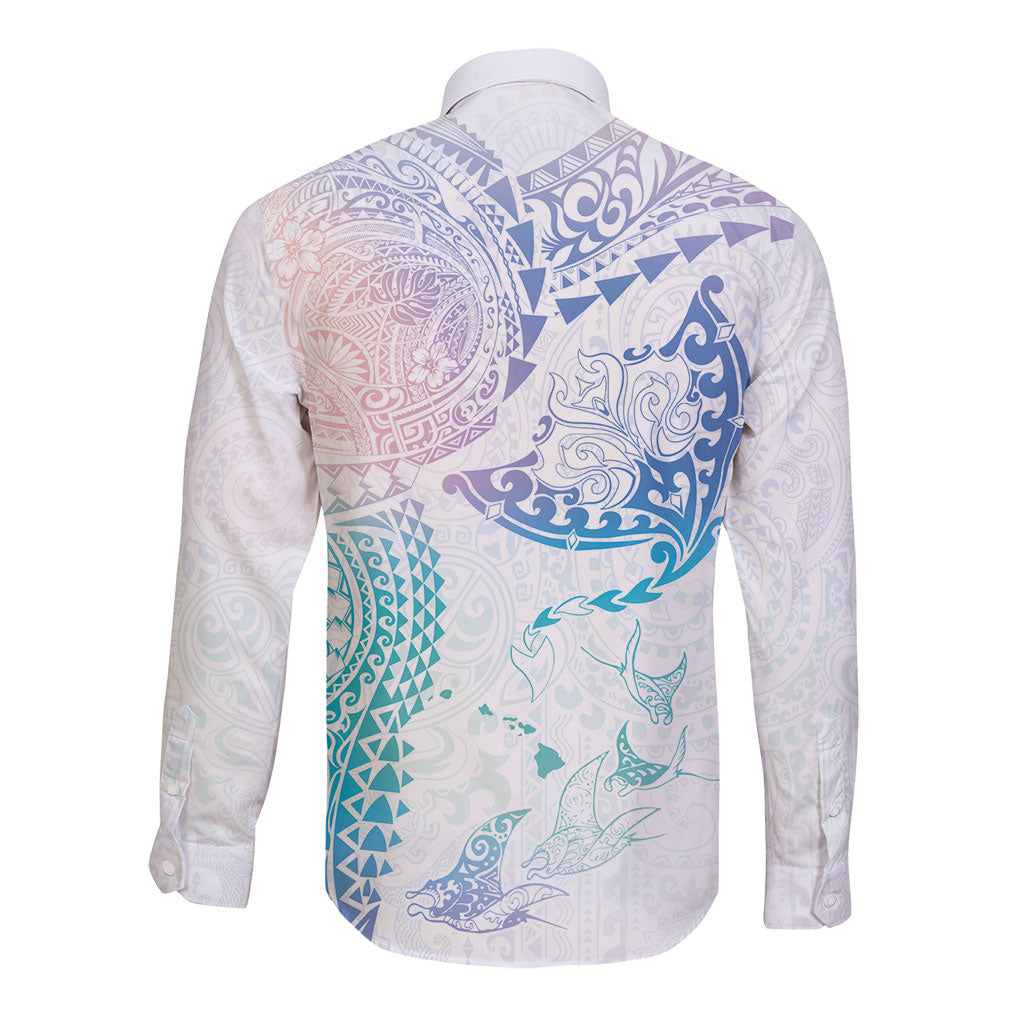 Hawaiian Manta Ray Tribal Long Sleeve Button Shirt Polynesian Art Motifs Sweet Pastel