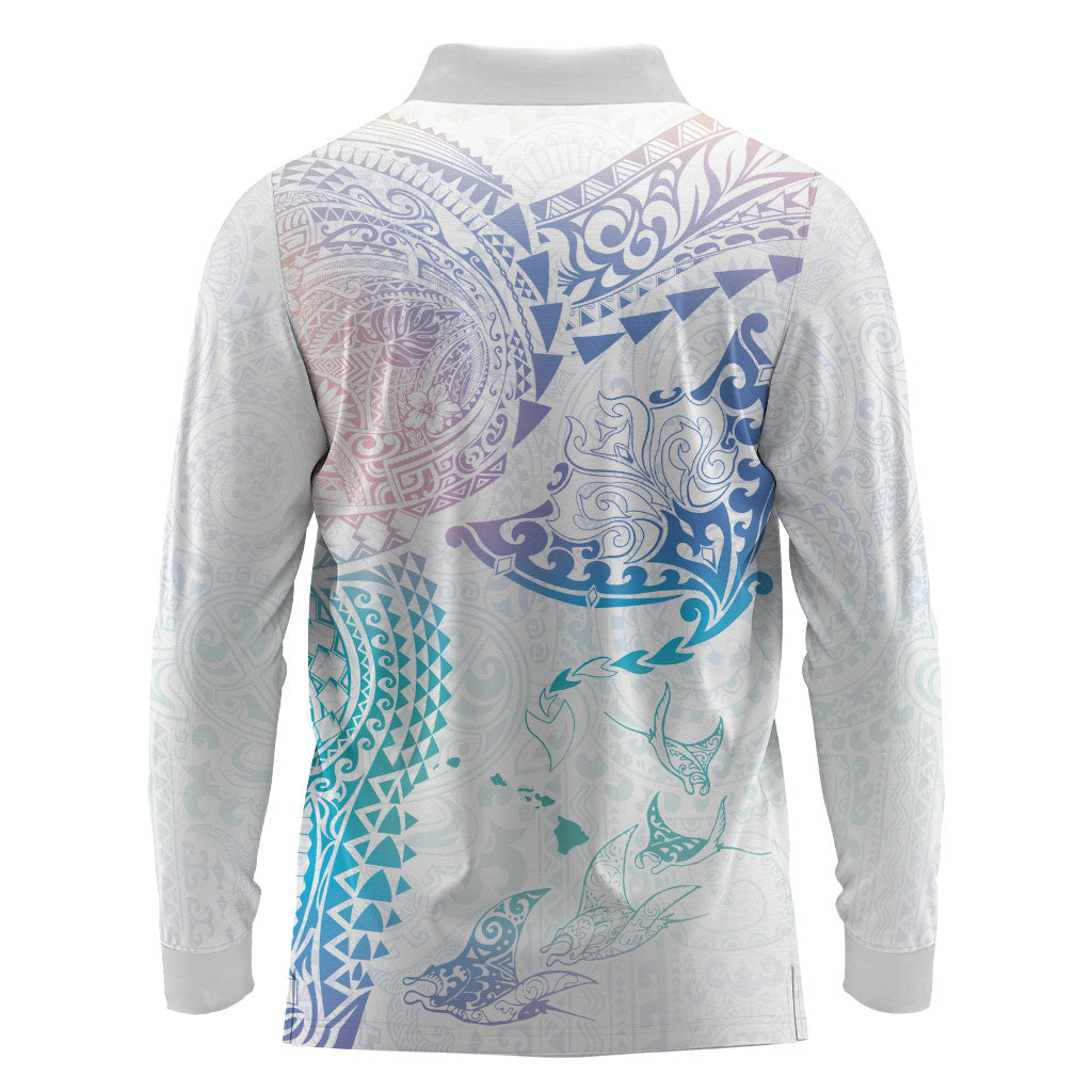 Hawaiian Manta Ray Tribal Long Sleeve Polo Shirt Polynesian Art Motifs Sweet Pastel