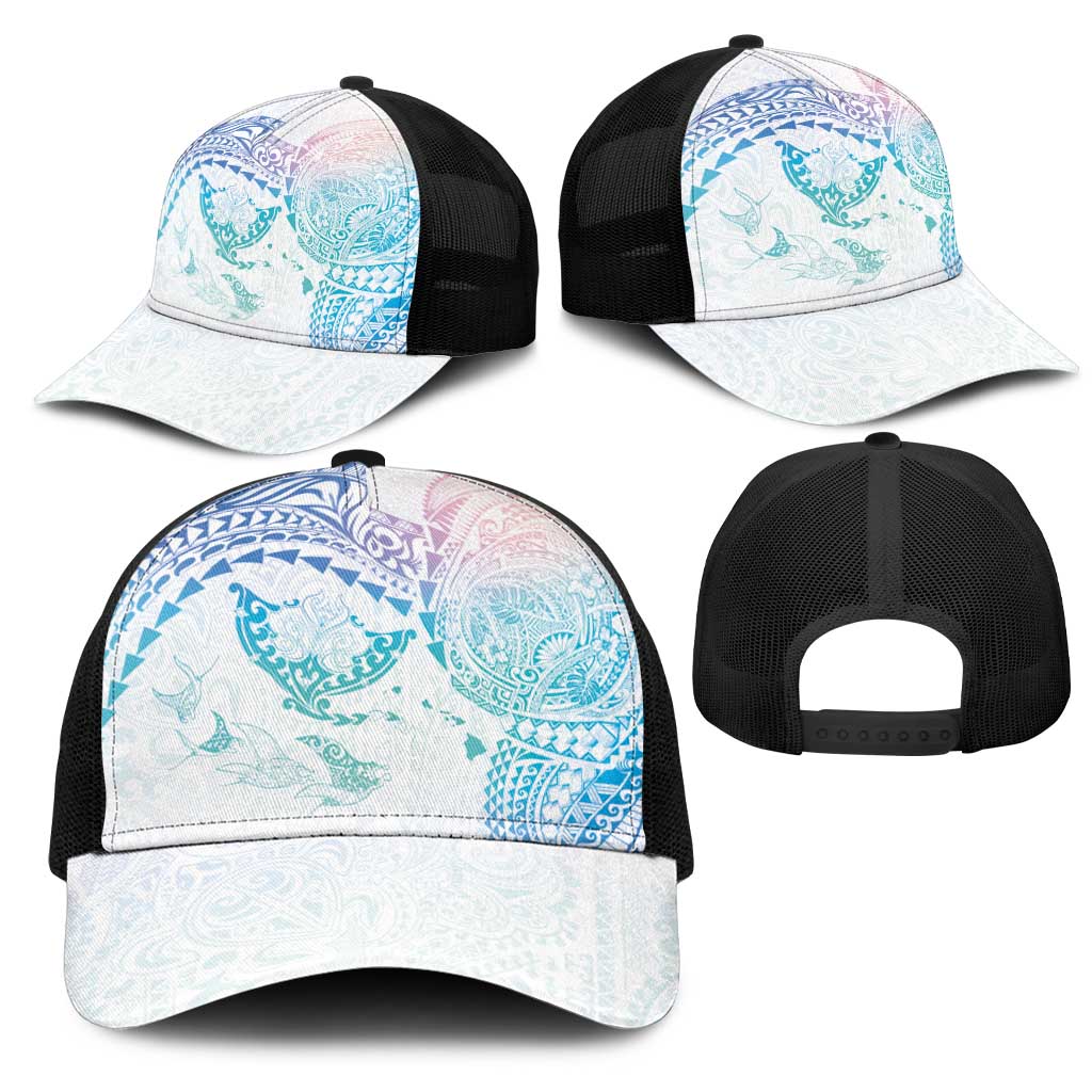 Hawaiian Manta Ray Tribal Mesh Trucker Cap Polynesian Art Motifs Sweet Pastel