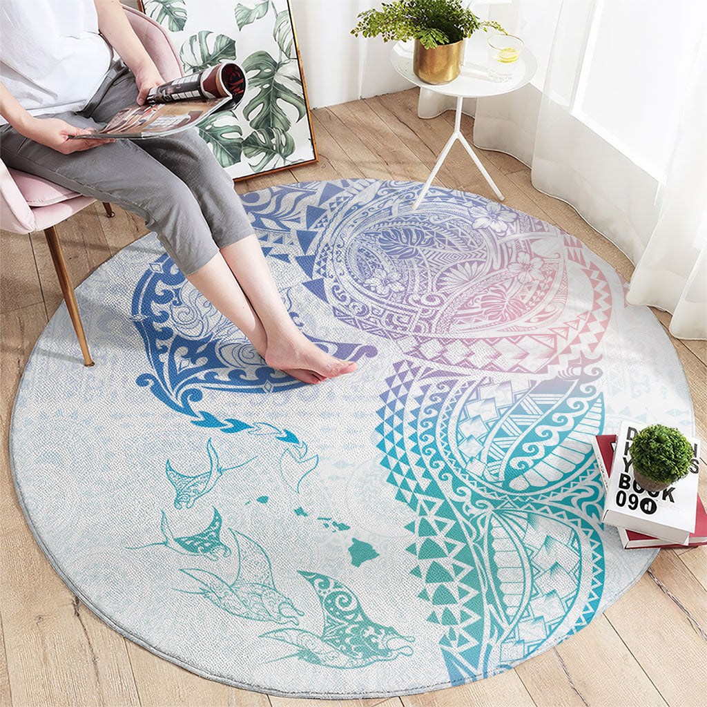 Hawaiian Manta Ray Tribal Round Carpet Polynesian Art Motifs Sweet Pastel