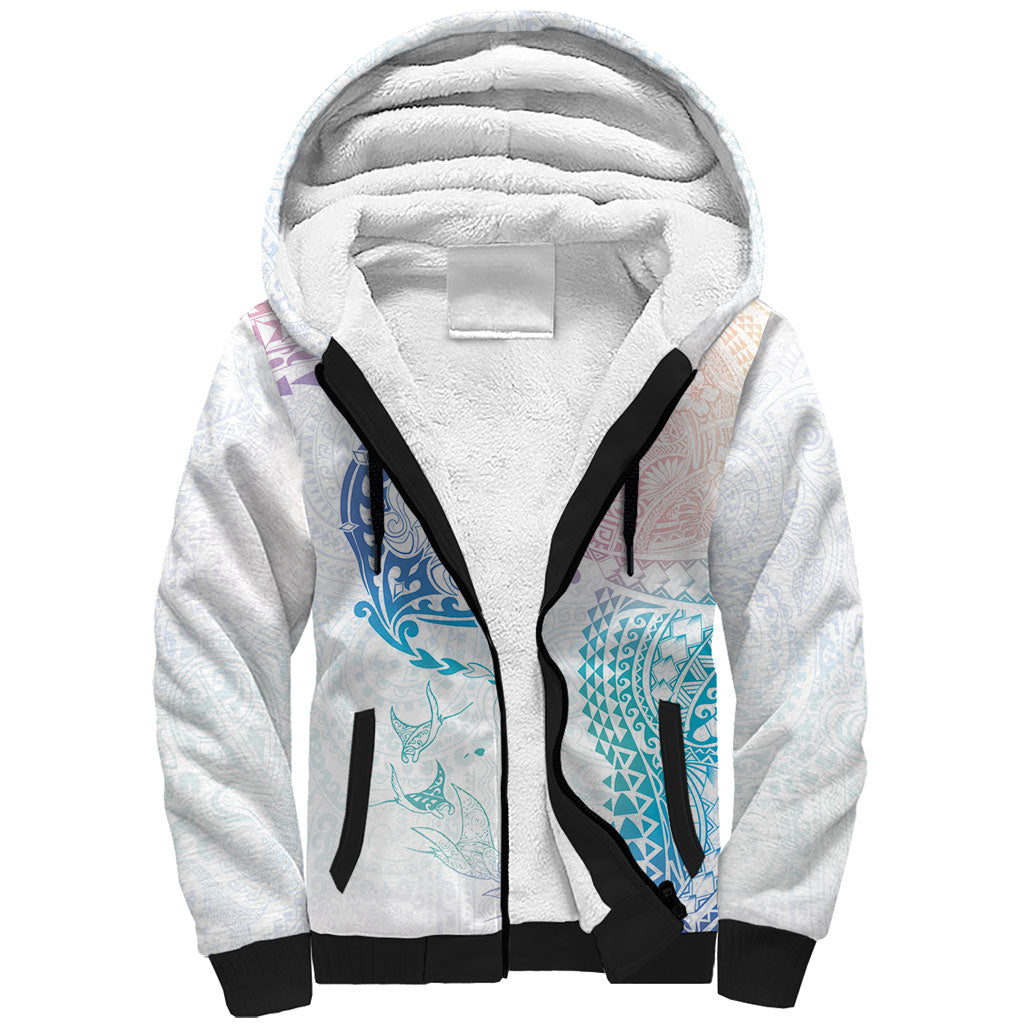 Hawaiian Manta Ray Tribal Sherpa Hoodie Polynesian Art Motifs Sweet Pastel