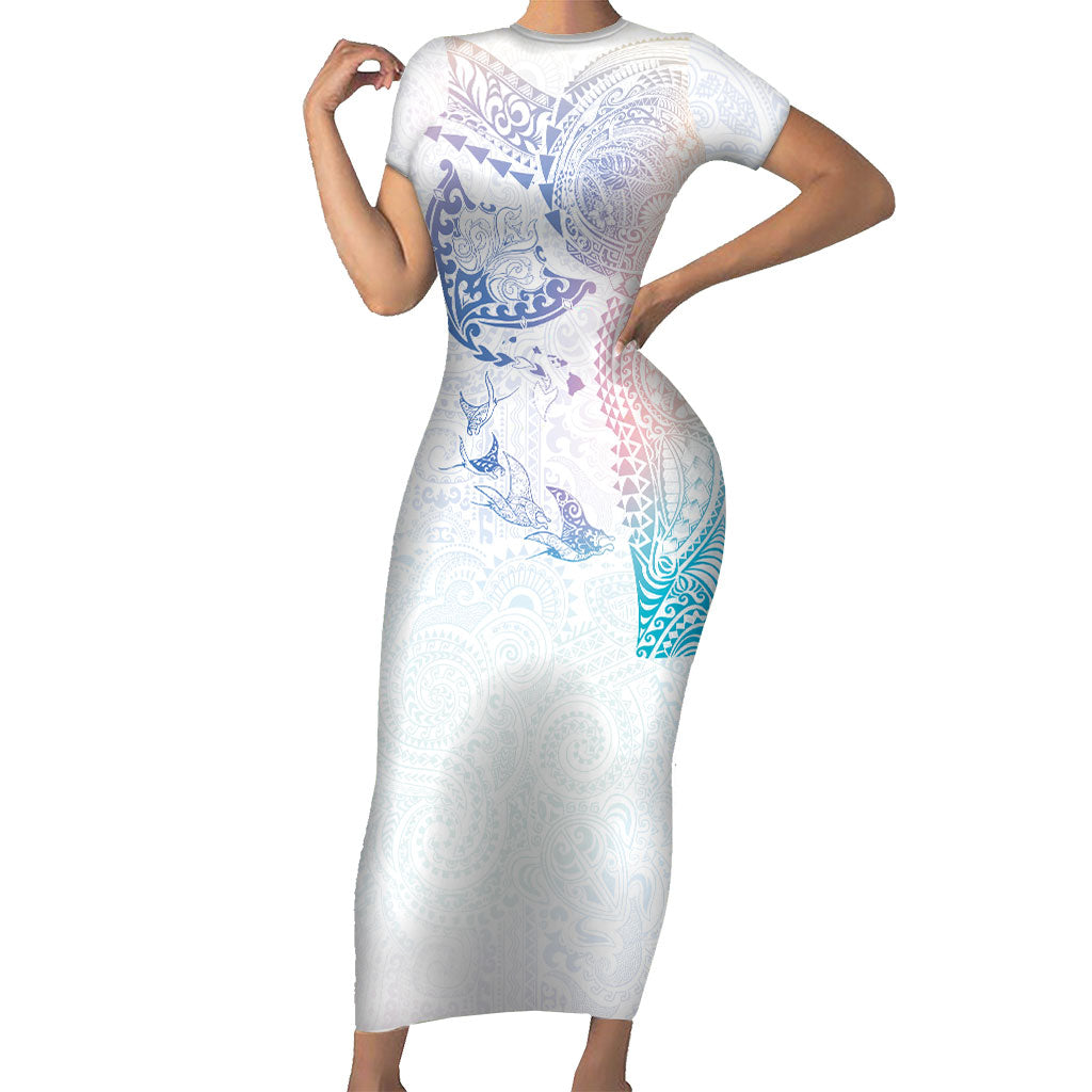Hawaiian Manta Ray Tribal Short Sleeve Bodycon Dress Polynesian Art Motifs Sweet Pastel