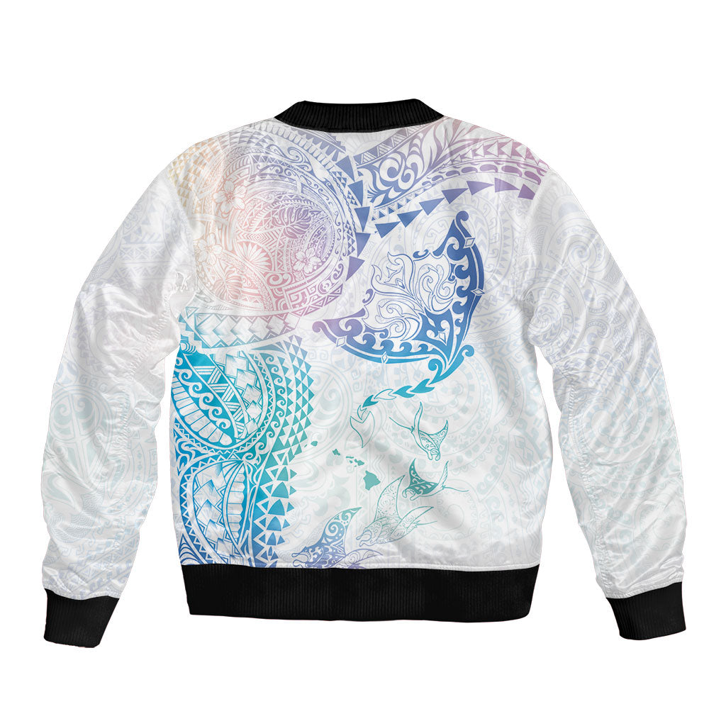 Hawaiian Manta Ray Tribal Sleeve Zip Bomber Jacket Polynesian Art Motifs Sweet Pastel