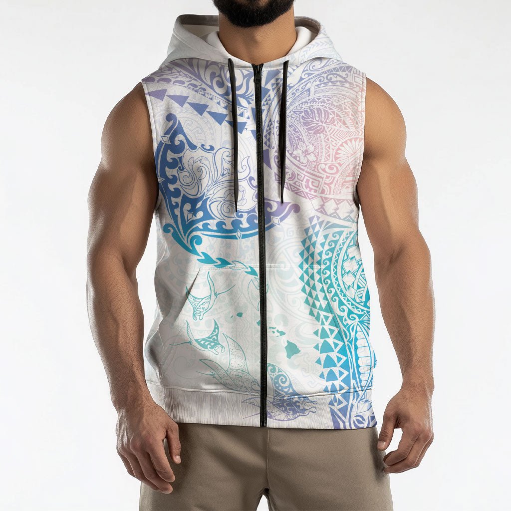 Hawaiian Manta Ray Tribal Sleeveless Zip Hoodie Polynesian Art Motifs Sweet Pastel