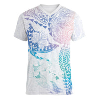 Hawaiian Manta Ray Tribal Women V-Neck T-Shirt Polynesian Art Motifs Sweet Pastel LT03 Female Multicolor - Polynesian Pride