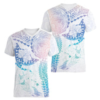 Hawaiian Manta Ray Tribal Women V-Neck T-Shirt Polynesian Art Motifs Sweet Pastel LT03 - Polynesian Pride