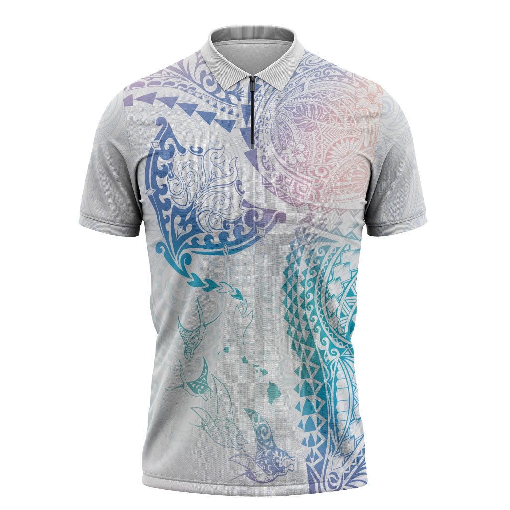 Hawaiian Manta Ray Tribal Zipper Polo Shirt Polynesian Art Motifs Sweet Pastel