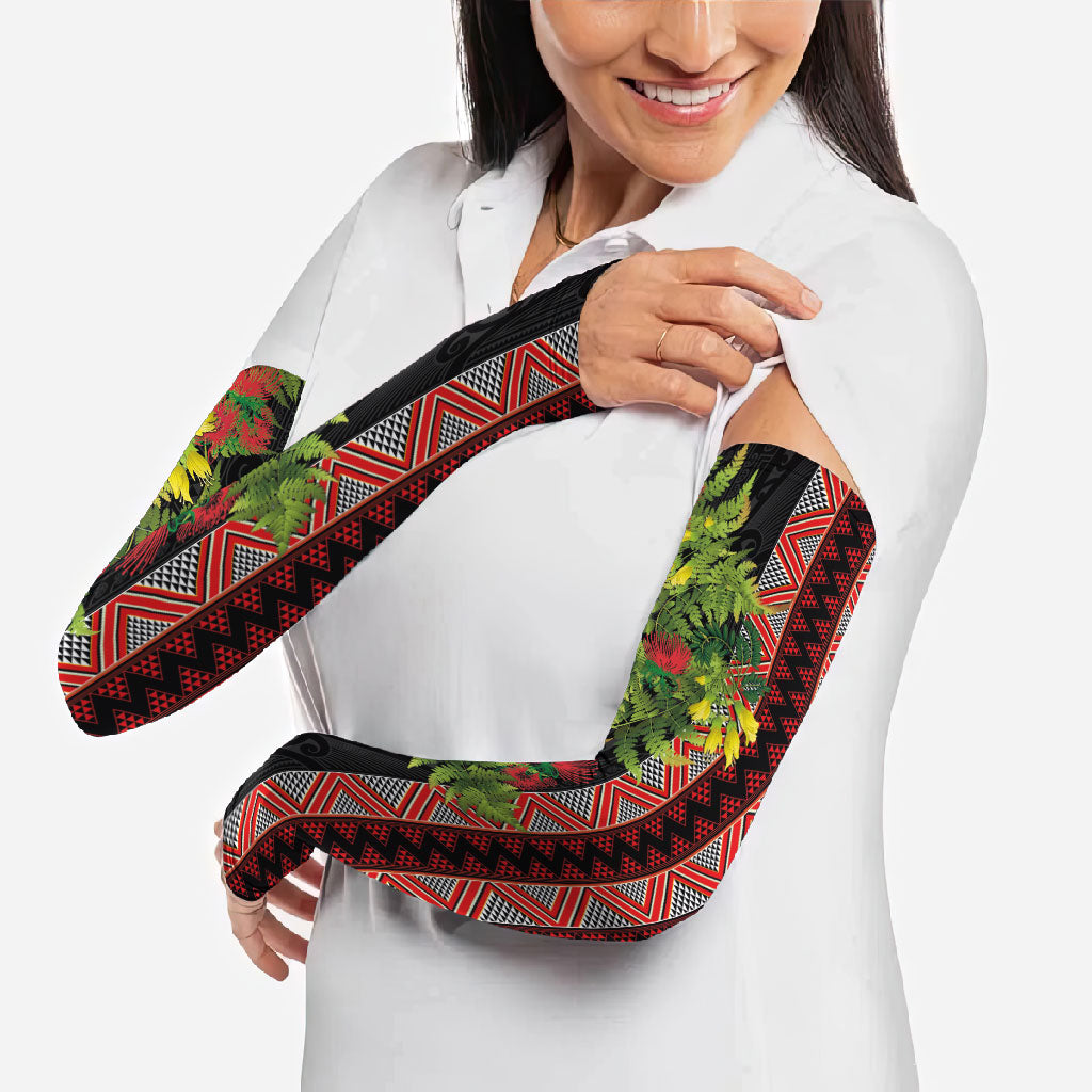 Maori Tukutuku Arm Sleeves with Ferns Pohutukawa and Kowhai Tribal Moko Patterns