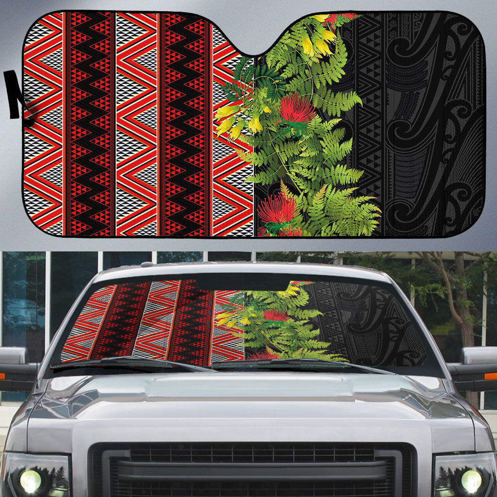 Maori Tukutuku Auto Sun Shade with Ferns Pohutukawa and Kowhai Tribal Moko Patterns LT03 Multicolor - Polynesian Pride