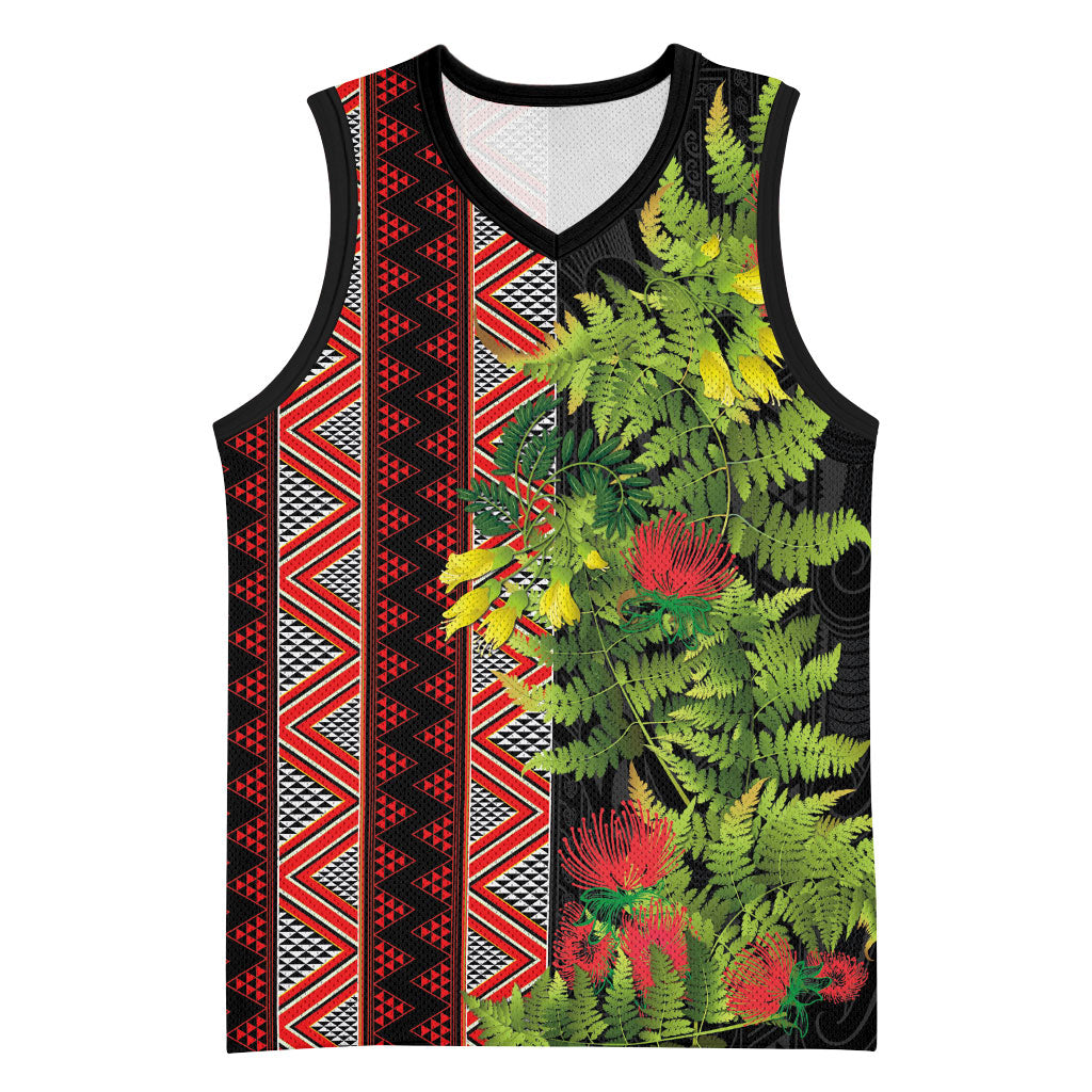 Maori Tukutuku Basketball Jersey with Ferns Pohutukawa and Kowhai Tribal Moko Patterns