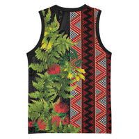Maori Tukutuku Basketball Jersey with Ferns Pohutukawa and Kowhai Tribal Moko Patterns