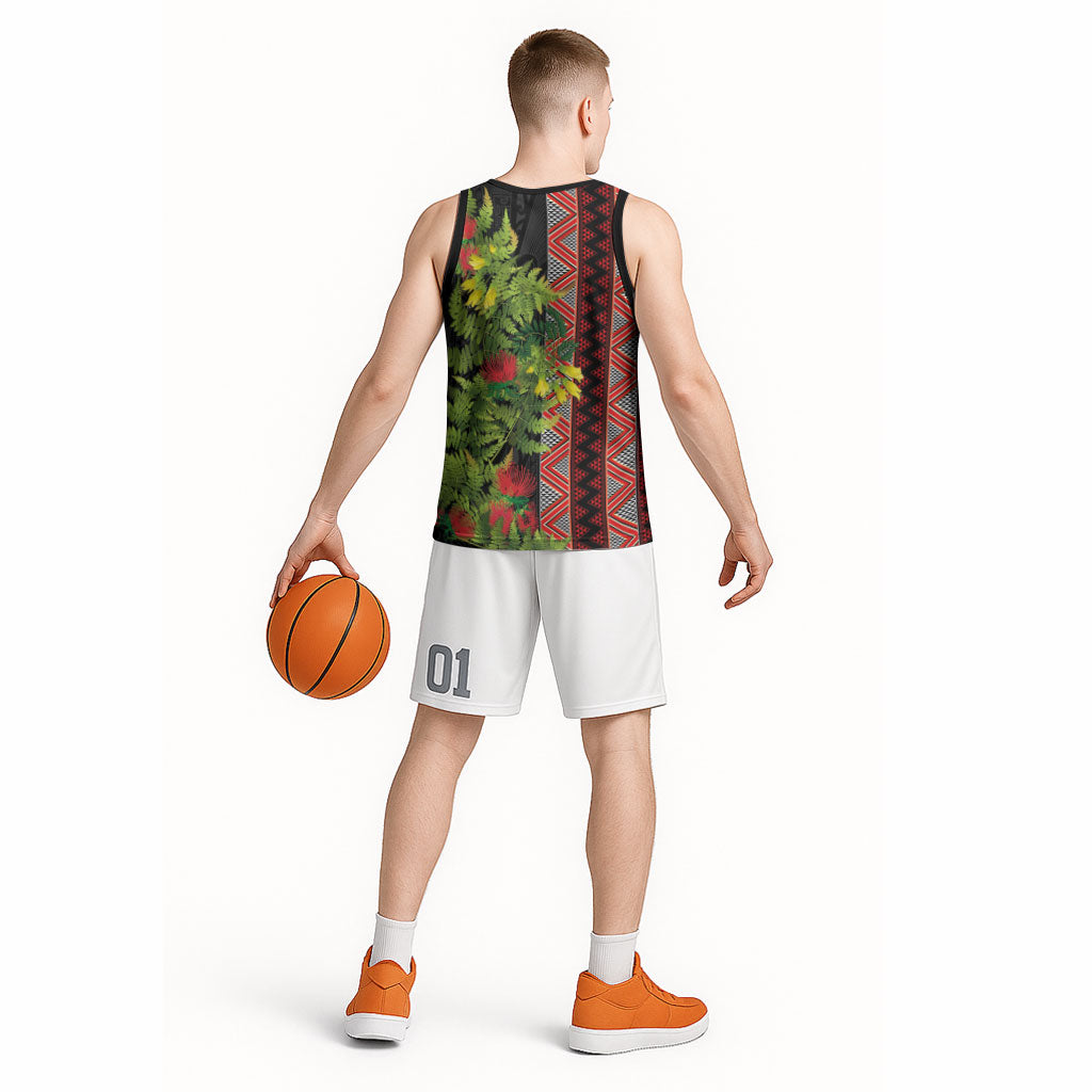 Maori Tukutuku Basketball Jersey with Ferns Pohutukawa and Kowhai Tribal Moko Patterns