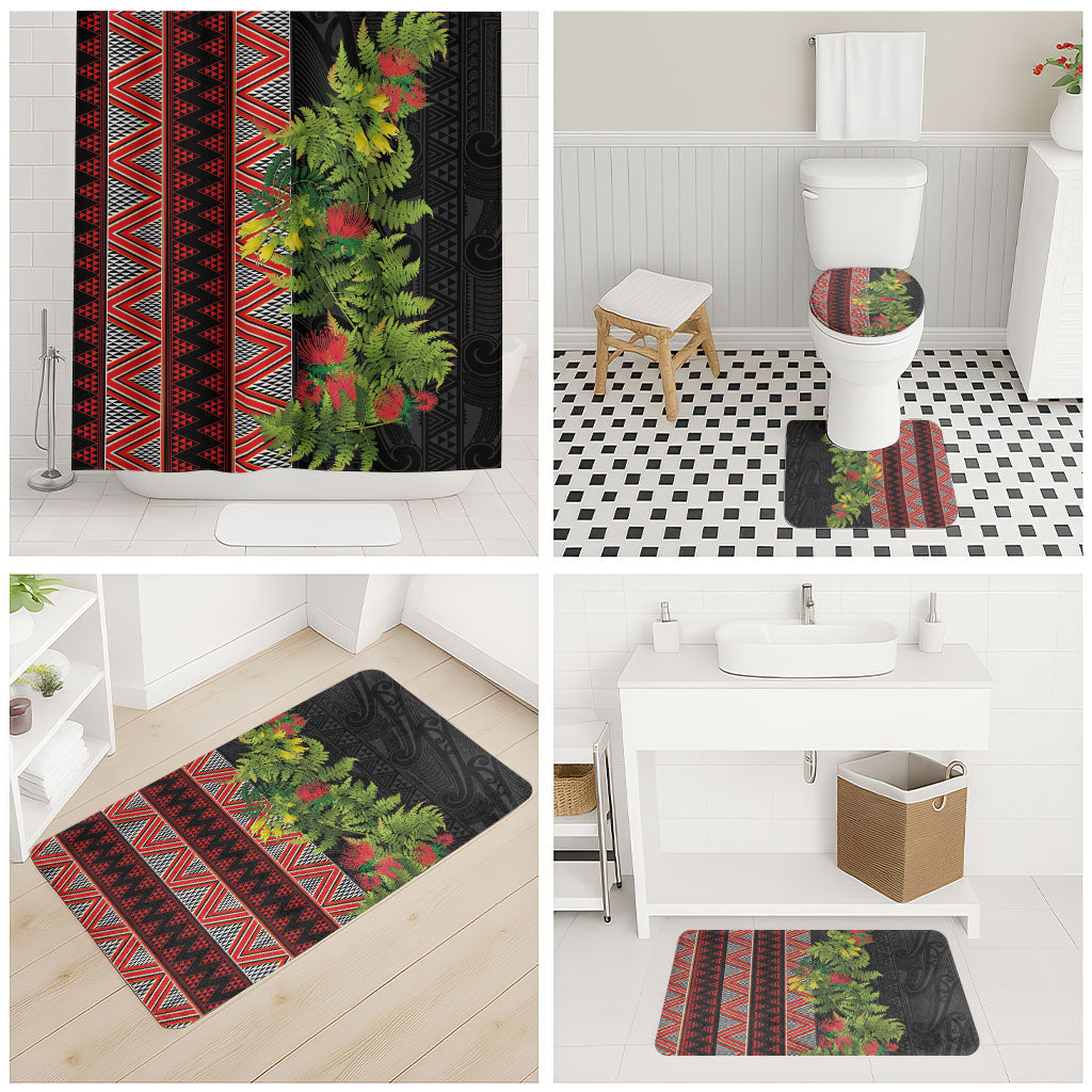 Maori Tukutuku Bathroom Set with Ferns Pohutukawa and Kowhai Tribal Moko Patterns