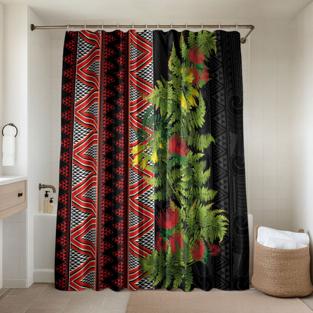 Maori Tukutuku Bathroom Set with Ferns Pohutukawa and Kowhai Tribal Moko Patterns