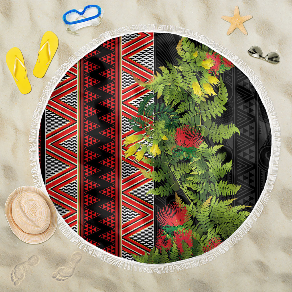 Maori Tukutuku Beach Blanket with Ferns Pohutukawa and Kowhai Tribal Moko Patterns