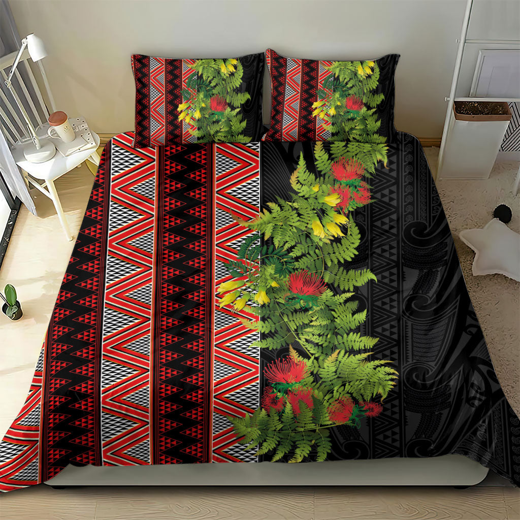 Maori Tukutuku Bedding Set with Ferns Pohutukawa and Kowhai Tribal Moko Patterns