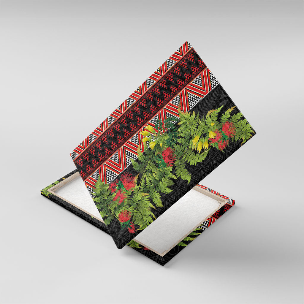 Maori Tukutuku Canvas Wall Art with Ferns Pohutukawa and Kowhai Tribal Moko Patterns