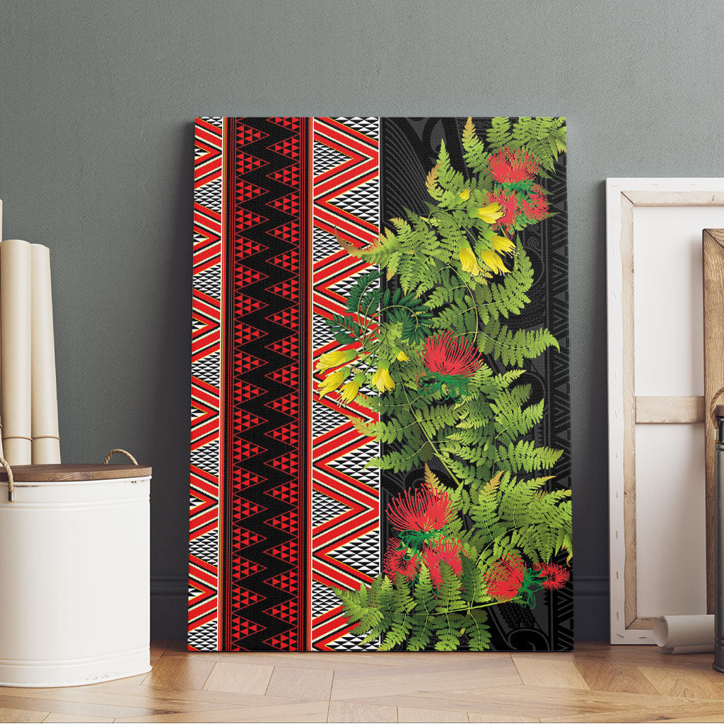 Maori Tukutuku Canvas Wall Art with Ferns Pohutukawa and Kowhai Tribal Moko Patterns