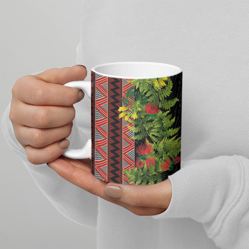 Maori Tukutuku Ceramic Mug with Ferns Pohutukawa and Kowhai Tribal Moko Patterns