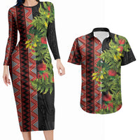 Maori Tukutuku Couples Matching Long Sleeve Bodycon Dress and Hawaiian Shirt with Ferns Pohutukawa and Kowhai Tribal Moko Patterns