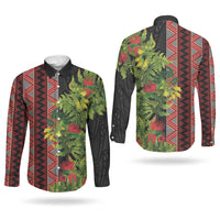 Maori Tukutuku Couples Matching Off Shoulder Maxi Dress and Long Sleeve Button Shirt with Ferns Pohutukawa and Kowhai Tribal Moko Patterns