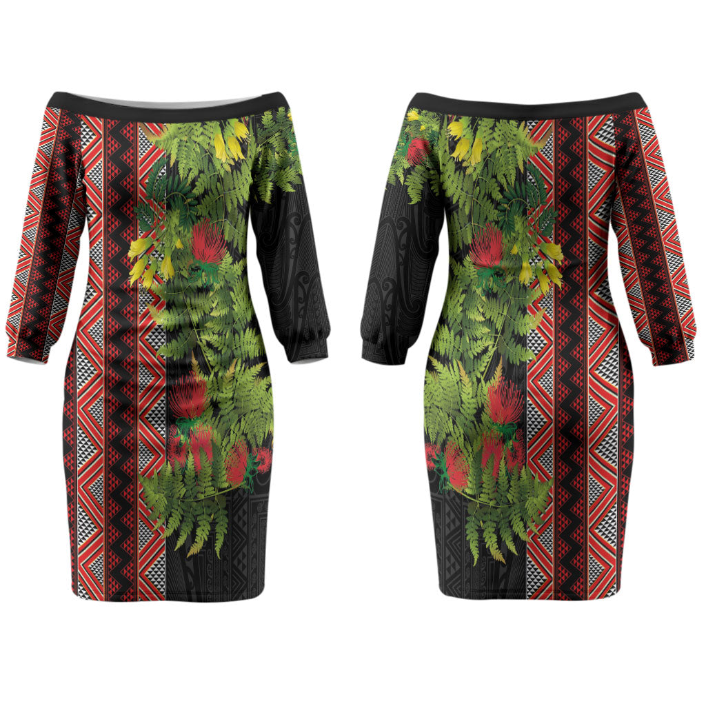 Maori Tukutuku Couples Matching Off The Shoulder Long Sleeve Dress and Hawaiian Shirt with Ferns Pohutukawa and Kowhai Tribal Moko Patterns