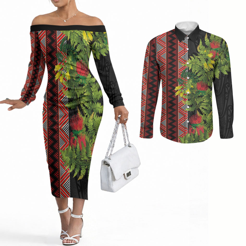 Maori Tukutuku Couples Matching Off The Shoulder Long Sleeve Dress and Long Sleeve Button Shirt with Ferns Pohutukawa and Kowhai Tribal Moko Patterns